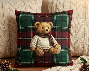 Vintage Teddy Bear Plaid Pillowcase,  Square Pillowcase, Christmas pillow