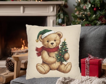 Vintage Christmas Teddy Bear Pillowcase | Square Throw Pillow Cover