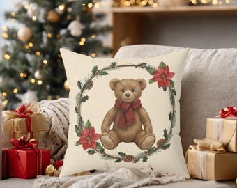 Teddy Bear Christmas Wreath Pillow Cover | Holiday Home Decor