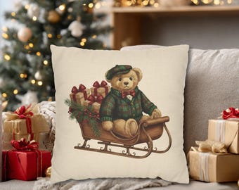 Vintage  inspired Teddy on Sled Pillowcase | Square Throw Pillow Cover