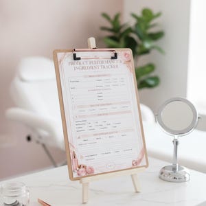 May include: A wooden clipboard with a rose gold clip holds a printed Product Performance & Ingredient Tracker sheet. The document features sections for product details, ingredient tracking, usage instructions, and a weekly results log.