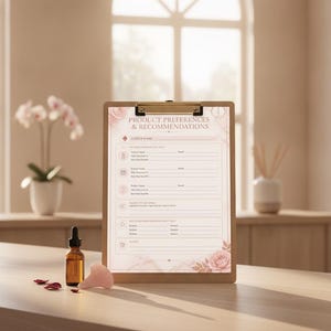 May include: A clipboard holding a document titled PRODUCT PREFERENCES & RECOMMENDATIONS with floral accents, accompanied by a small amber glass dropper bottle and a pink stone facial tool, all arranged on a flat surface.