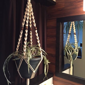May include: A macrame plant hanger with wooden beads, holding a potted plant with green and white striped leaves. The hanger is hanging from a hook on a brown wall.