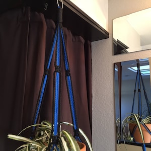 May include: A blue and black macrame plant hanger with a green plant in a terracotta pot hanging from a hook.