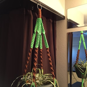 May include: A green and brown macrame plant hanger with a plant in a black pot hanging from a hook.