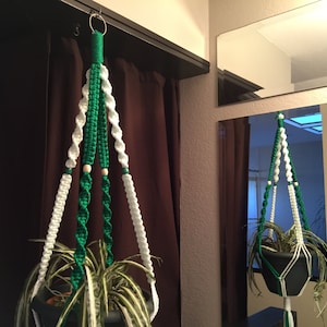 Macrame Plant Hanger Kelly Green and White 4 wooden beads