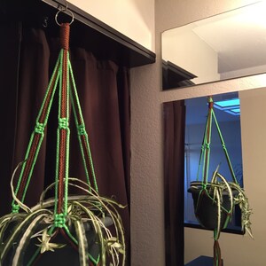 May include: A green and brown macrame plant hanger with a white and green plant in a black pot.