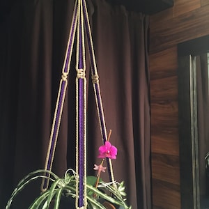 May include: A purple and beige macrame plant hanger with a green plant and a pink orchid hanging from it.