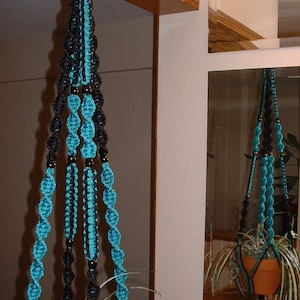 May include: A turquoise and black macrame plant hanger with wooden beads. The hanger is hanging from a hook on a wooden door frame. A green plant is hanging in the macrame.