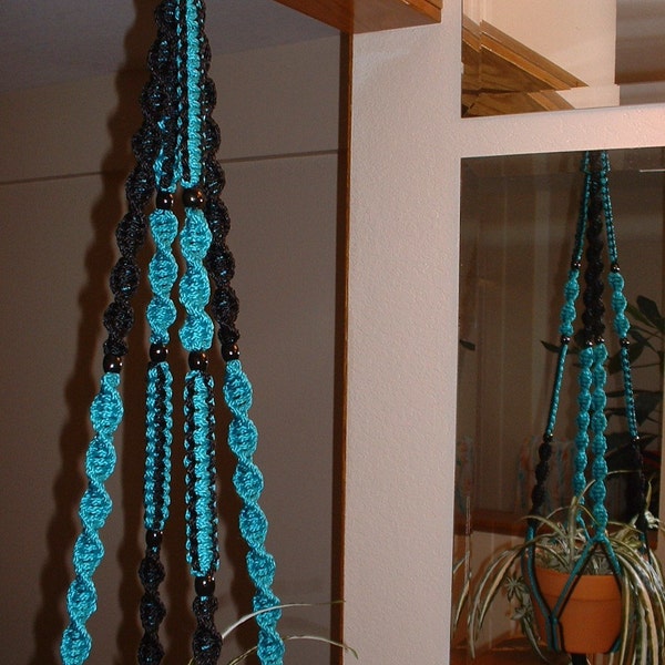 Macrame Plant Hanger Turquoise and Black 8 Black Beads