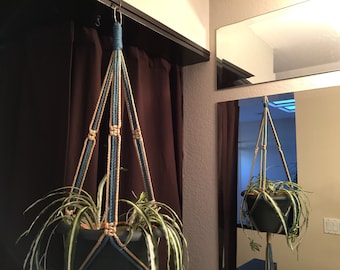 Long 55" Macrame Plant Hanger Made in USA Denim and Sand