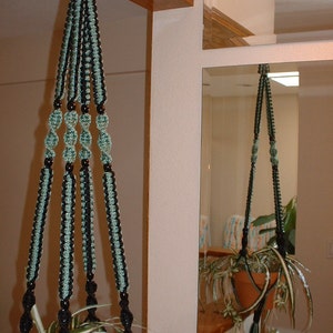 May include: A macrame plant hanger in black and teal, suspended from a brass ring. The hanger supports a terracotta pot with a green and white plant. The design features beaded accents and a woven pattern, creating a decorative display.