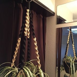May include: A black and natural macrame plant hanger with a green plant in a brown pot hanging from a ceiling hook.