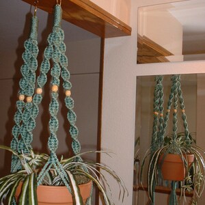 May include: Two macrame plant hangers with wooden beads hang from hooks on a wooden beam. The hangers are teal green and are holding a potted plant with long, striped leaves.