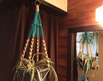 Macrame Plant Hanger Turquoise and Sand Walnut BEADS