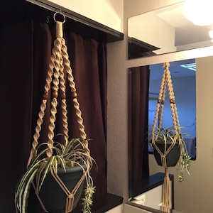 May include: A macrame plant hanger with wooden beads holds a potted plant with long, green leaves. The hanger is hanging from a hook on a brown wall.