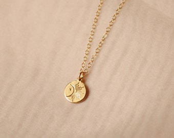 Radiating Moon Pendant. Etched Moon and Sun. Cilestial Coin Charm. Gold Fill Chain. Moon Pendant. Modern Necklace. Gold Fill Chain.