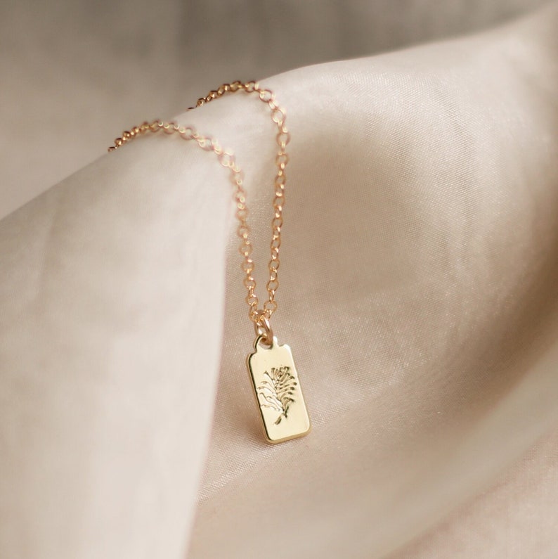 Botanical Tag Pendant. Etched Leaf. Fern Charm. Rectangle Charm. Gold Fill Chain. Modern, dainty, classic. Simple Necklace. Gold Fill Chain. image 1