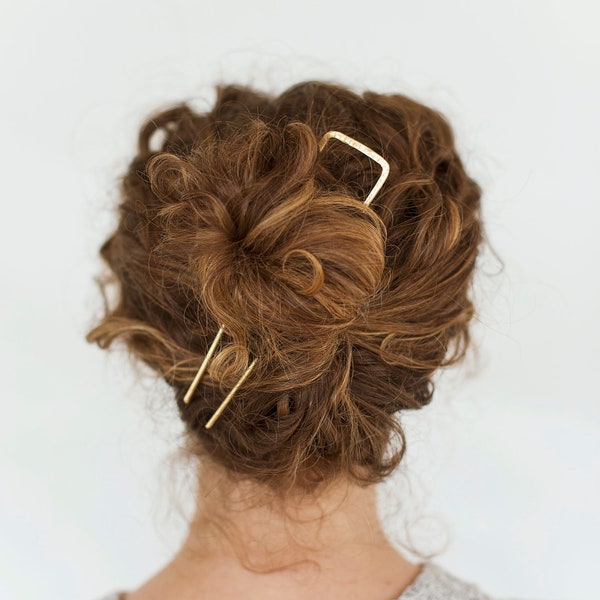 Hair Stick. Brass Hair Pin. Modern and Minimal. Stick. Stamped and Hammered Brass. Golden Hair Stick. Hair Accessory.