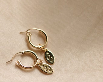 Snake Tag Hoops. Gold Charm Earrings. Etched Snake charms. Oval Charms. Dainty Hoop Earrings. Hoop Dangles. Snakes.