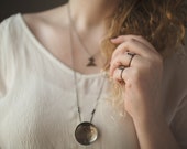 Moon Necklace. Hammered Dome Pendant. Sterling Silver. Black Silver Chain. Black Silk. Mystic. Moon. Astronomy. Outter Space. Long Necklace.