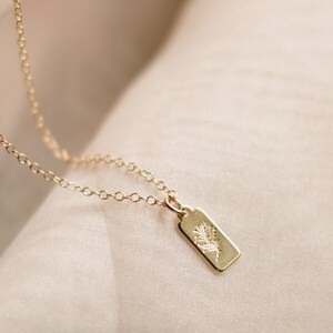 Botanical Tag Pendant. Etched Leaf. Fern Charm. Rectangle Charm. Gold Fill Chain. Modern, dainty, classic. Simple Necklace. Gold Fill Chain. image 2