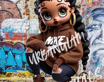 Pretty Urban Betty Boop, Brown Hoodie, Sublimation, PNG, DTF, Stickers, T-Shirts, Urban Art