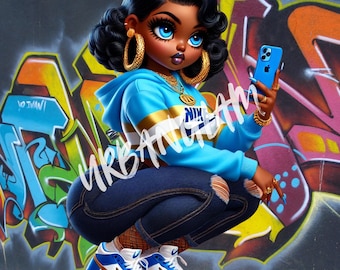 Urban Boop Beauty, holding a cell phone, png with and without background.