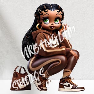K&ouml;nnte beinhalten: Eine Cartoon-Illustration einer Frau mit brauner Haut und langen schwarzen Z&ouml;pfen, die ein braunes Hoodie und eine braune Hose mit wei&szlig;en Streifen tr&auml;gt. Sie tr&auml;gt braune und wei&szlig;e Turnschuhe und hat eine braune Handtasche mit einem wei&szlig;en Riemen.