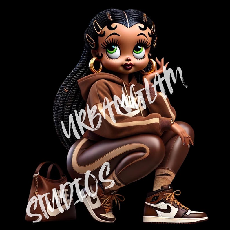 K&ouml;nnte beinhalten: Eine digitale Illustration einer Comic-Frau mit brauner Haut, die ein braunes Hoodie und Leggings mit wei&szlig;en Streifen, braune Turnschuhe und goldene Creolen tr&auml;gt. Der Hintergrund ist schwarz mit dem Text "URBANGLAM STUDIOS" in wei&szlig;.