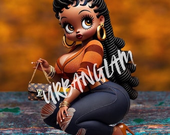 Può includere: Un'illustrazione di cartone animato di una donna con la pelle marrone, che indossa un maglione a righe arancio e marrone, jeans blu con strappi e tacchi alti marroni. Tiene una borsa marrone e dorata con il logo Louis Vuitton. Lo sfondo è di colore arancione e marrone sfocato.