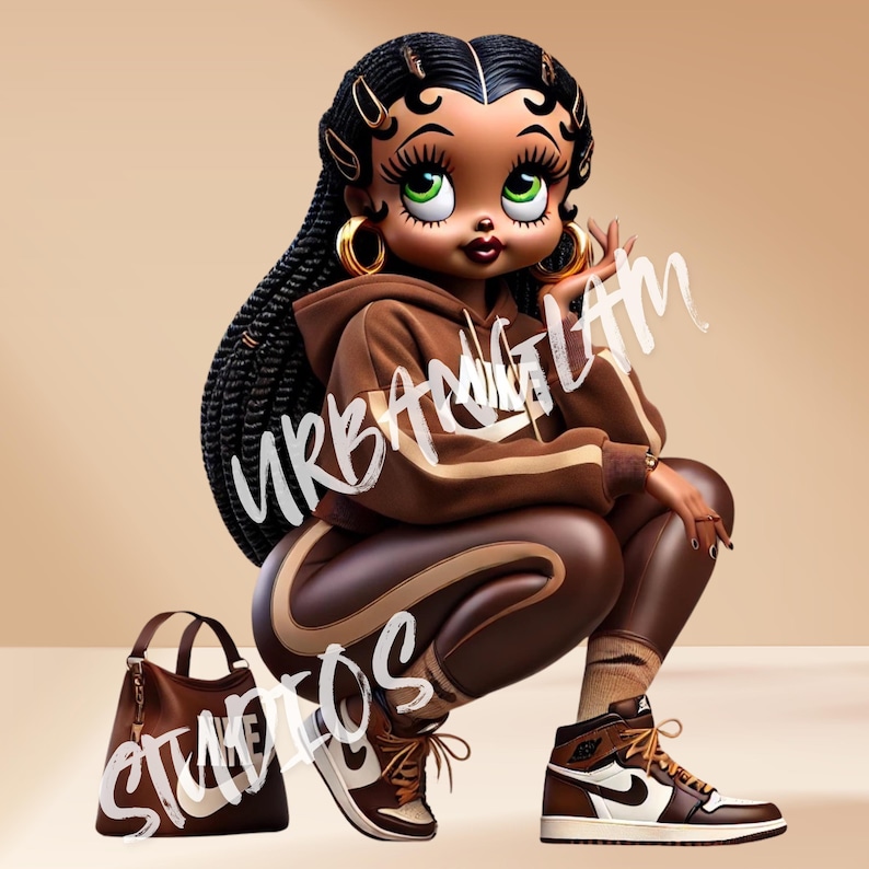 K&ouml;nnte beinhalten: Eine Cartoon-Illustration einer Frau mit brauner Haut, die ein braunes Hoodie und eine braune Hose mit wei&szlig;en Streifen tr&auml;gt. Sie tr&auml;gt braune und wei&szlig;e Turnschuhe und hat gro&szlig;e gr&uuml;ne Augen. Der Hintergrund ist hellbraun.