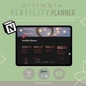 Op de afbeelding: Een laptopscherm dat een Notion-fertiliteitsplanner-sjabloon weergeeft met secties voor Mijn cyclus, Medisch, Leefstijl, Budget en Resources. De sjabloon heeft een donker thema met een rood hartpictogram en de tekst "fertility tracker" bovenaan. Het scherm is omgeven door een groene achtergrond met een wit bloemenontwerp.