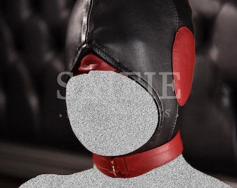Mature Open Leather Hood Lockable Neck Collar D-Ring Leather Accessory Adult Hood Play Sensory Couples Fetish Mask Red Black Hood Fitting
