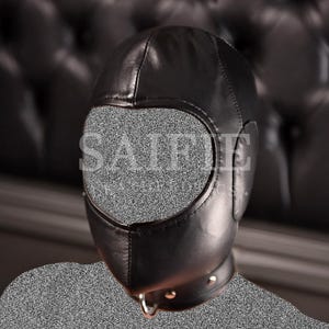 May include: A black leather hood with a large eye opening and a neck collar. The hood has a smooth texture and is designed to cover the entire head. The word "SAIFIE" is visible on the front of the hood.