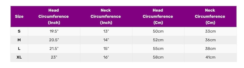 May include: A size chart with measurements in inches and centimeters. The chart includes head and neck circumference measurements for sizes S, M, L, and XL. The smallest size has a head circumference of 19.5 inches (50cm) and a neck circumference of 13 inches (33cm).