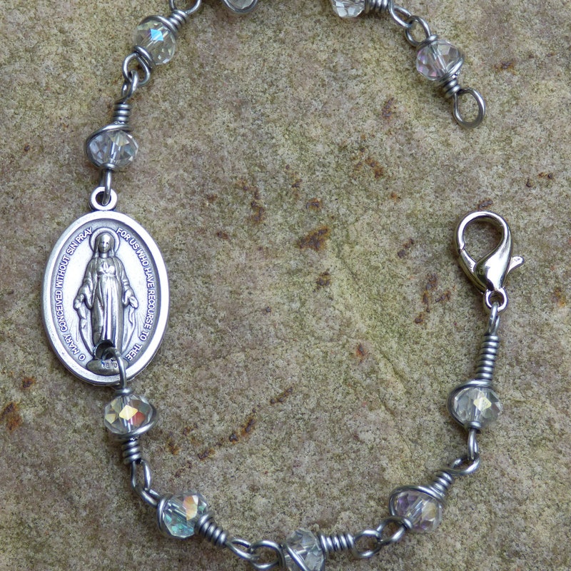 Vintage Style Cuff Bracelet, Miraculous Medal, Clear Swarovski Crystals