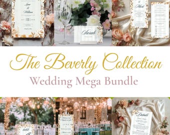 Elegant Sage Green Floral Wedding Invitation Suite, Editable Gold Template Bundle, Canva Invite RSVP Program Welcome Sign