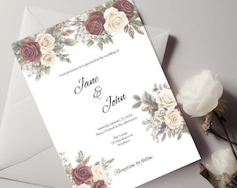 Burgundy Ivory Wedding Invitation, Editable Floral Invite Template, Fall Boho Printable, Canva 5x7 Elegant Wedding Card