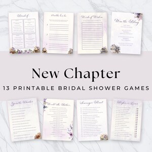May include: A collection of 13 printable bridal shower games. The games include "Drink If", "Truths & Lies", "Words of Wisdom", "Win the Bling", "Guess the Number", "Would You Rather", "Scavenger Hunt", and "Higher or Lower". Each game has a floral design.