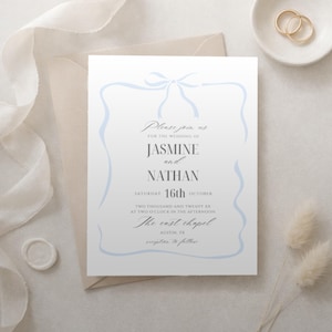 Wedding Invitation Blue Wavy Frame, Light Blue Bow Minimal Ceremony, Editable Canva Instant Download