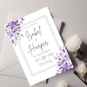 Purple Floral Wedding Invitation Template: Elegant Botanical 5x7 Invite (Digital Download)