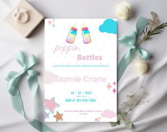 Poppin Bottles Baby Shower Invitation Template: Editable 5x7 Canva Invite