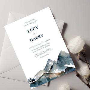Mountain Wedding Invitation Template, Watercolor Landscape Invite, Adventure Wedding, Editable Canva Template, Digital Download, 5x7&quot;