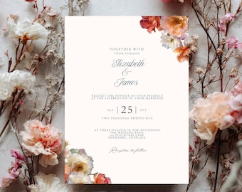 Faire-part de mariage rustique, floral orange brûlé, style minimaliste, modèle modifiable, bricolage avec Canva