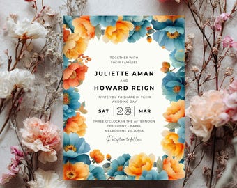 Faire-part de mariage floral bleu sarcelle et orange modifiable, modèle de toile de bricolage, invitation de douche nuptiale personnalisable