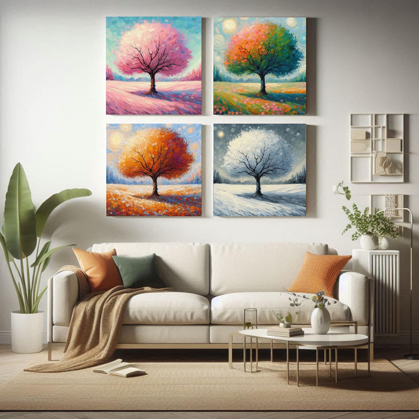 Four Seasons Tree Art Print Set: Impressionist Wall Decor (digital ...