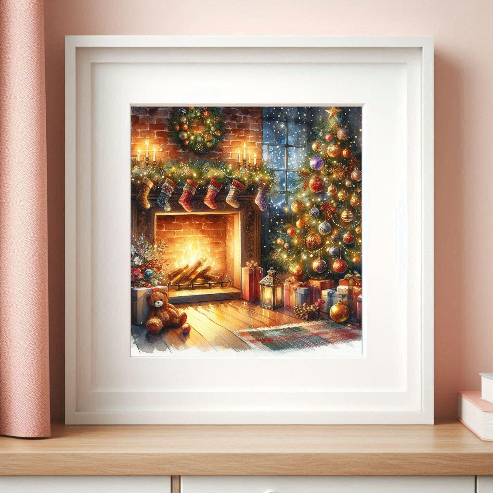 Cozy Christmas Living Room Wall Art – Festive Tree & Fireplace Scene ...