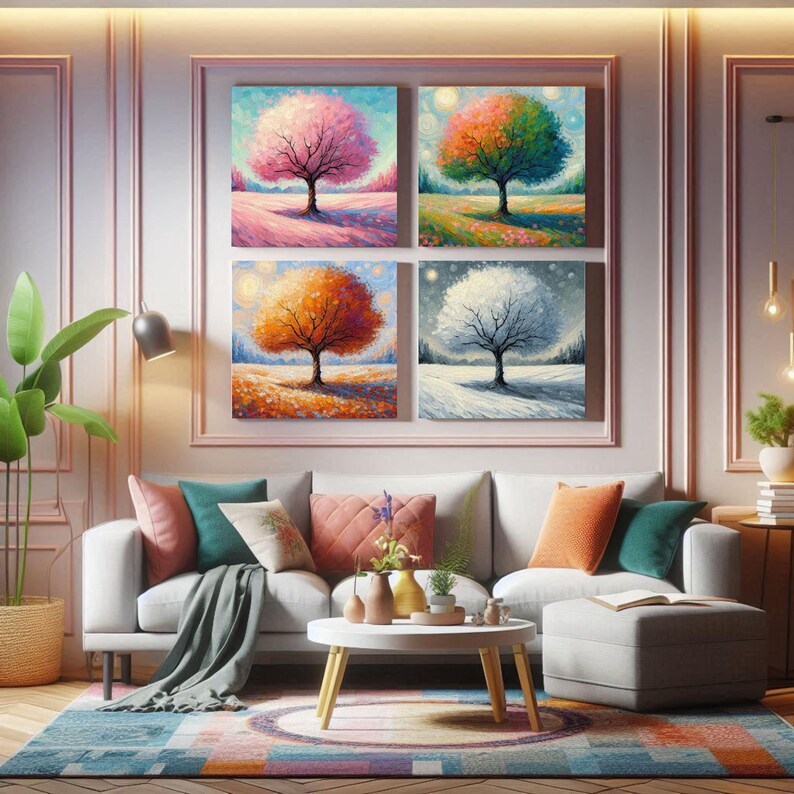 Four Seasons Tree Digital Art Set - Impressionist Tree Wall Art ...