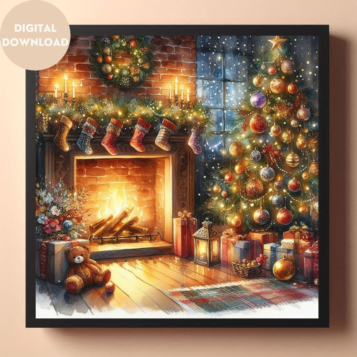 Cozy Christmas Living Room Wall Art – Festive Tree & Fireplace Scene ...